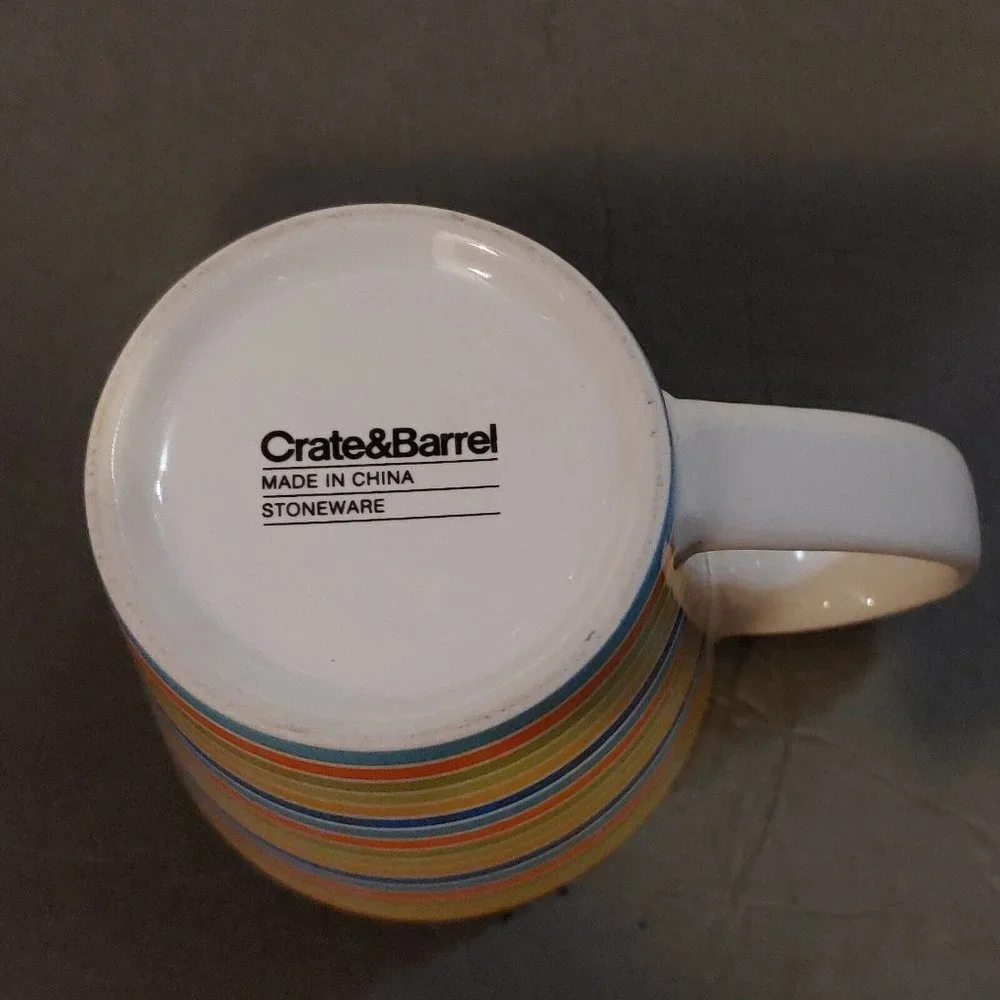 Crate & Barrel Coffee Mug Cup Orange Yellow Green Blue Stripes 12 Ounce VG Cond